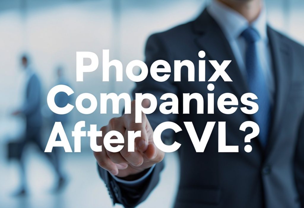 Title text reading 'Liquidation - Phoenix Companies after a CVL' over a background of a professional business plan with financial charts, documents, and a pen, symbolising corporate restructuring and post-liquidation planning.