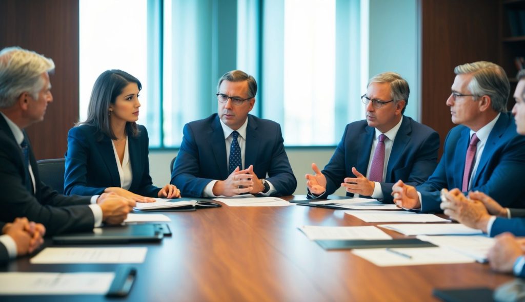 A boardroom meeting: Directors in discussion, paperwork scattered, a sense of urgency