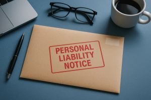 Envelope stamped with the words "Personal liability notice" sat on a desk