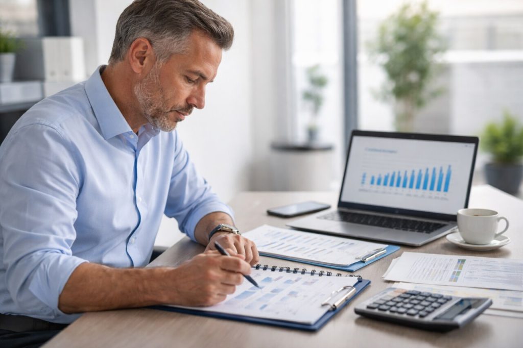 Company director reviewing finances