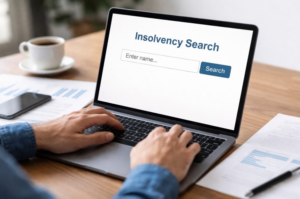 Person using laptop displaying the text "Insolvency Search" and a search bar