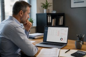 Company director reviewing unpaid invoices before liquidation