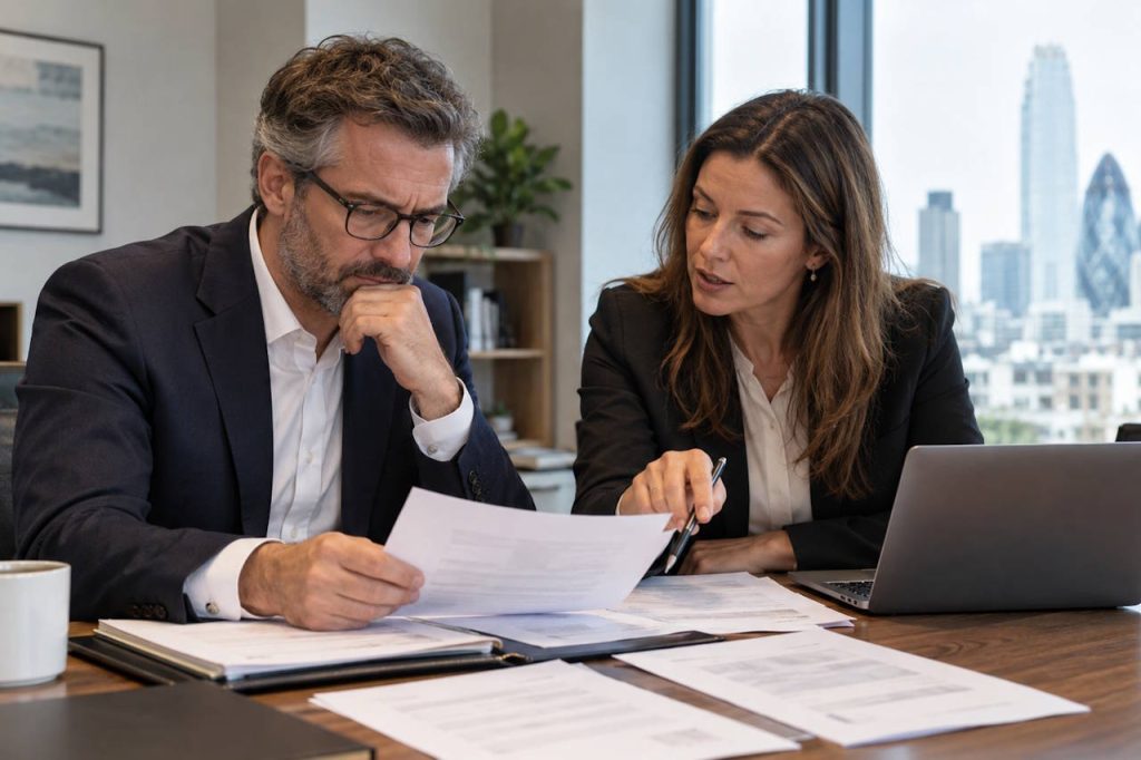 A company director reviewing documents with an advisor