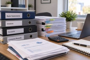 Desk with organised company accounts